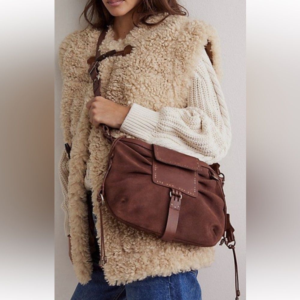 Free People We The Free Suede Leather Silvie Studded Sling Cognac Brown Bag NWT